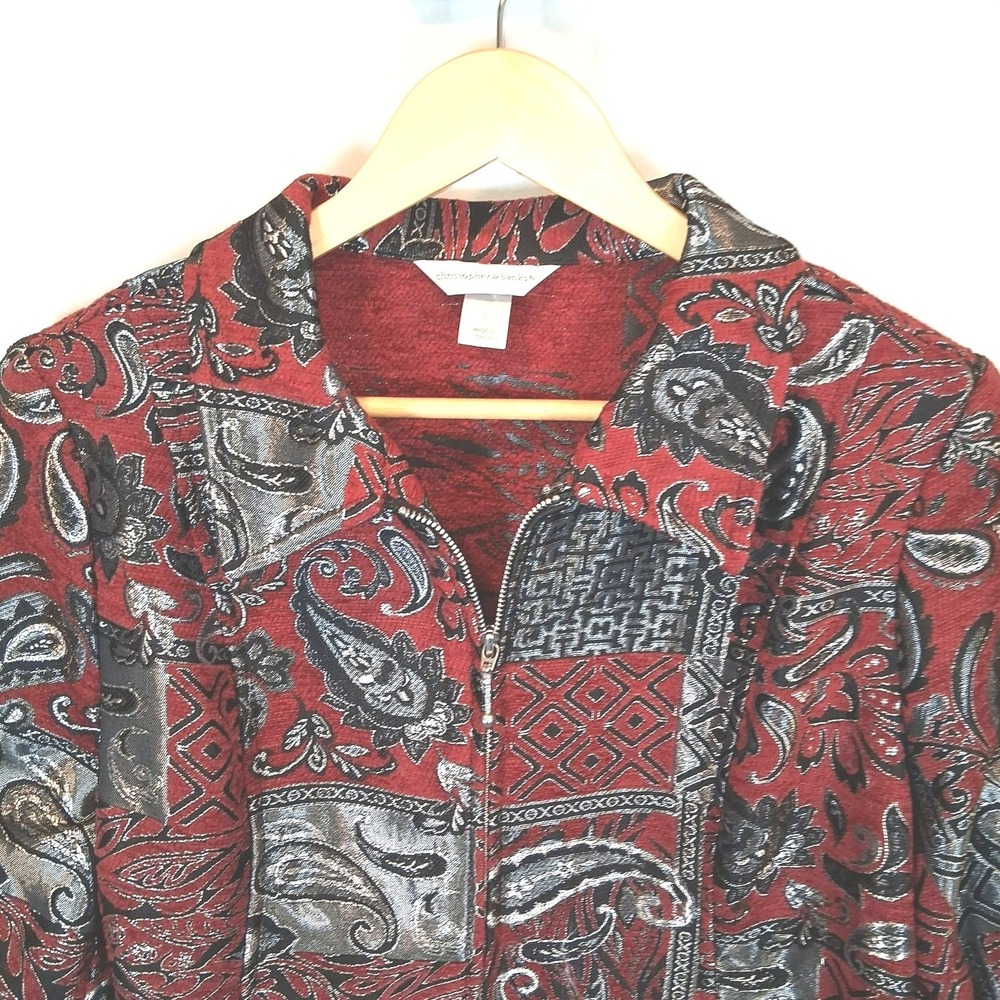 Christopher & Banks Women's L Red Metallic Paisley Jacquard Zip Jacket - Picture 3 of 12